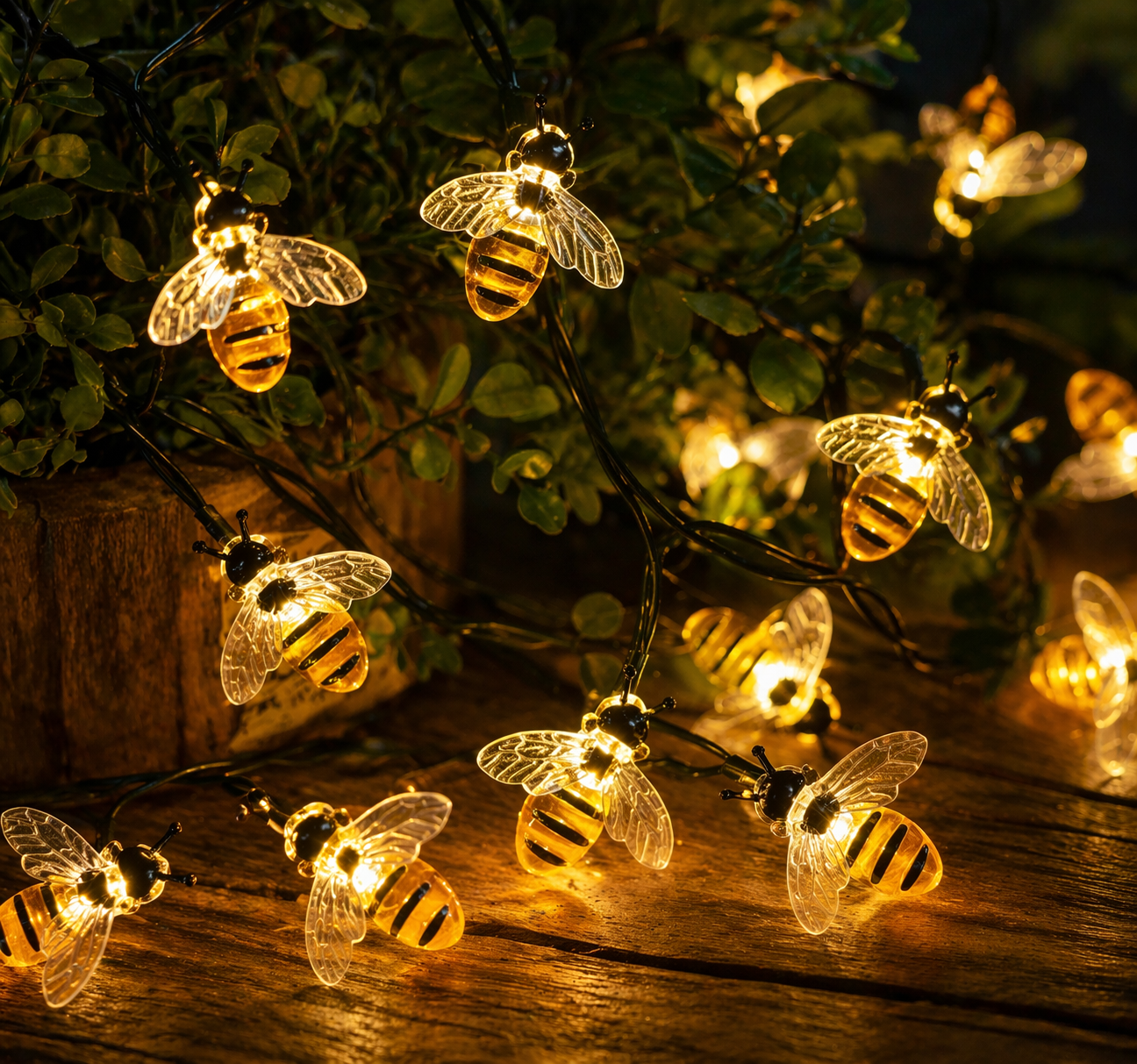 "Warm white honey bee shaped LED fairy string lights glowing for home decoration."