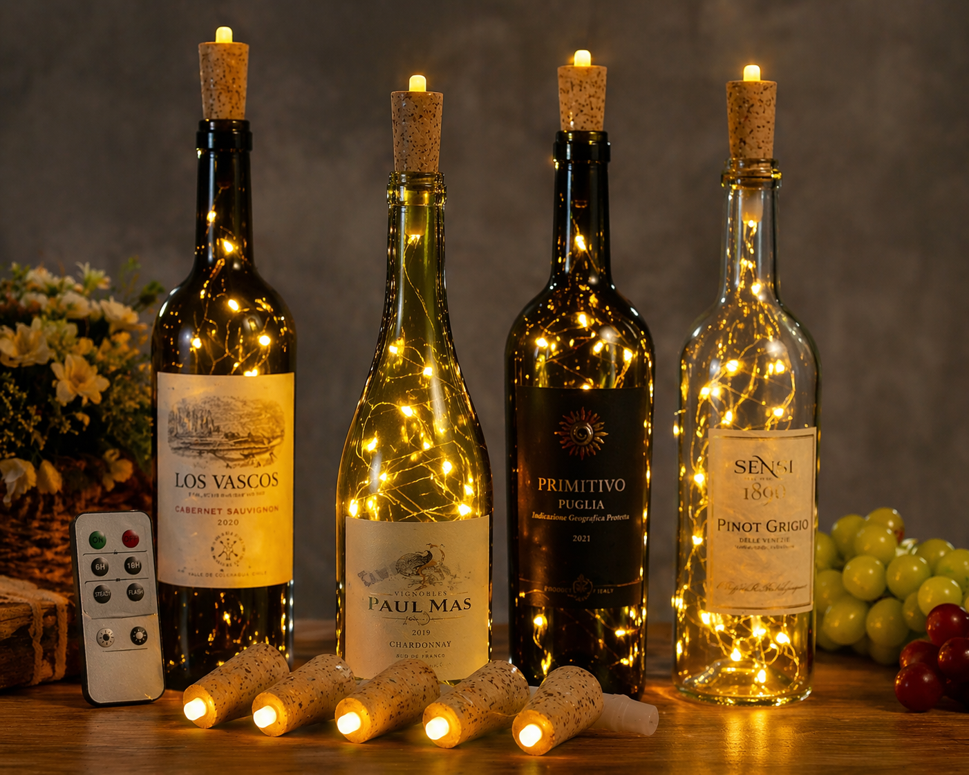 "Warm white wine bottle cork LED lights glowing inside glass bottles on a wooden table for cozy home decor."