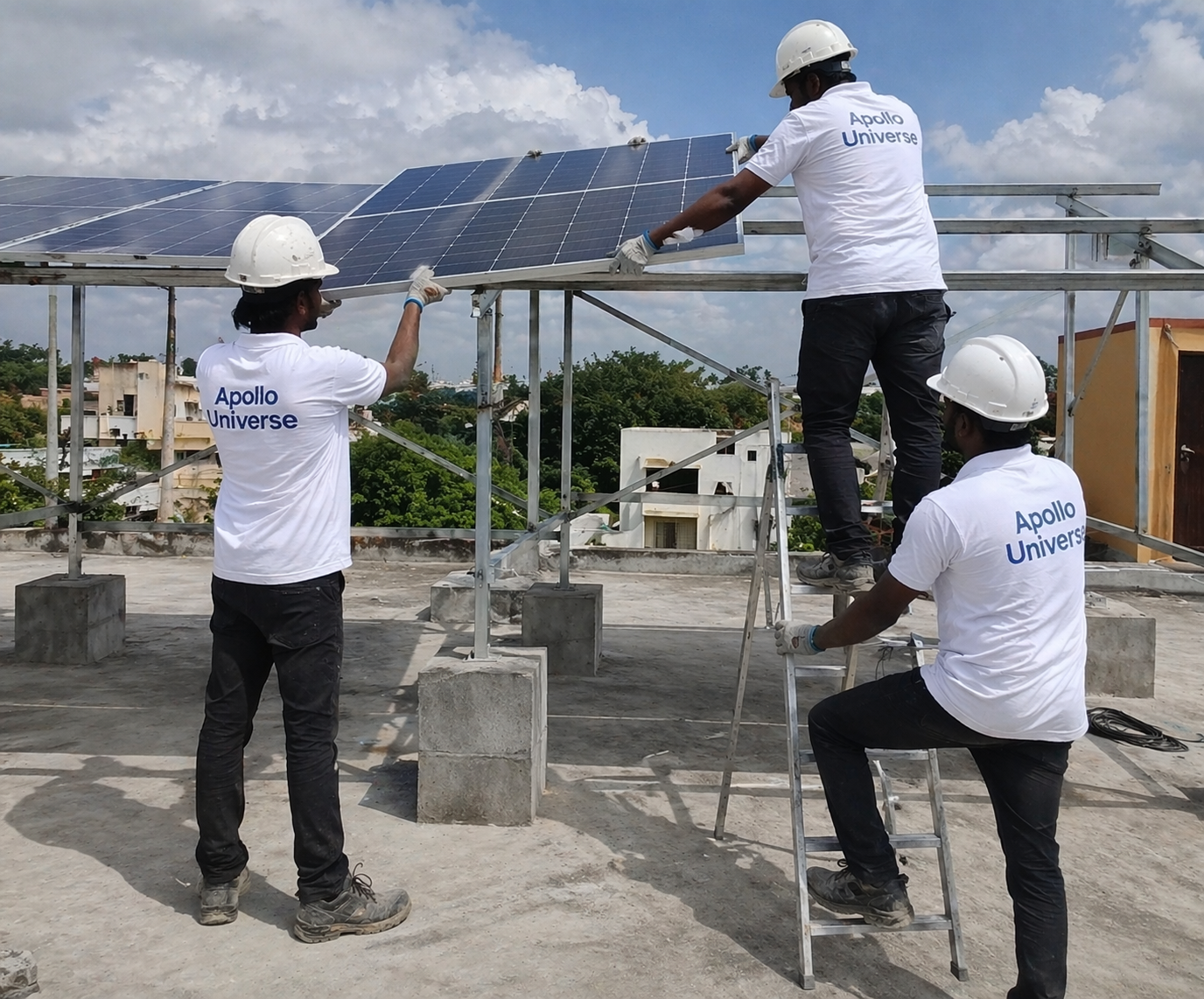 "Professional technicians installing an on-grid solar system and grid-tie inverter."