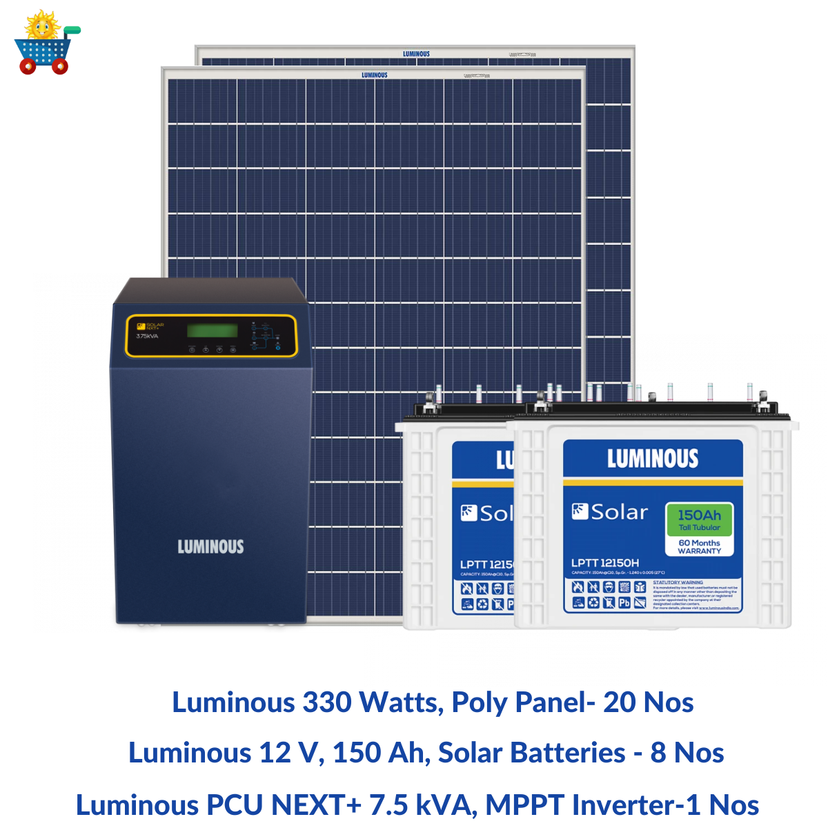 Luminous solar 10 kilowatt, 1-Phase, Polycrystalline, solar off-grid system with off grid PCU 12.5 kVA MPPT Inverter & 150 Ah solar C-10 batteries (10 Nos)- Combo Kit