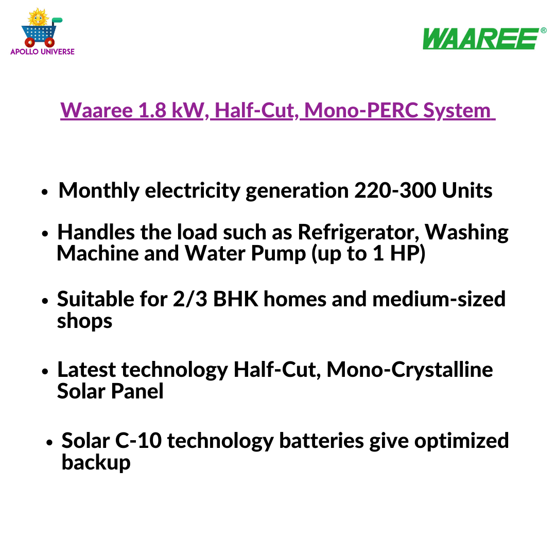 2 kilowatt, Half-Cut, Monocrystalline, Off Grid solar rooftop system with standard installation