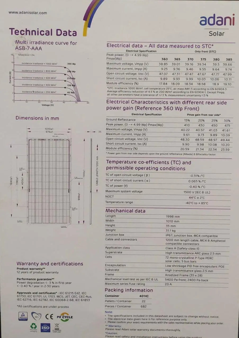 Copy of Adani Bifacial Solar Panel 365 Watts, 24 Volts, 2 kilowatt (Pack of 6) - Apollo Universe