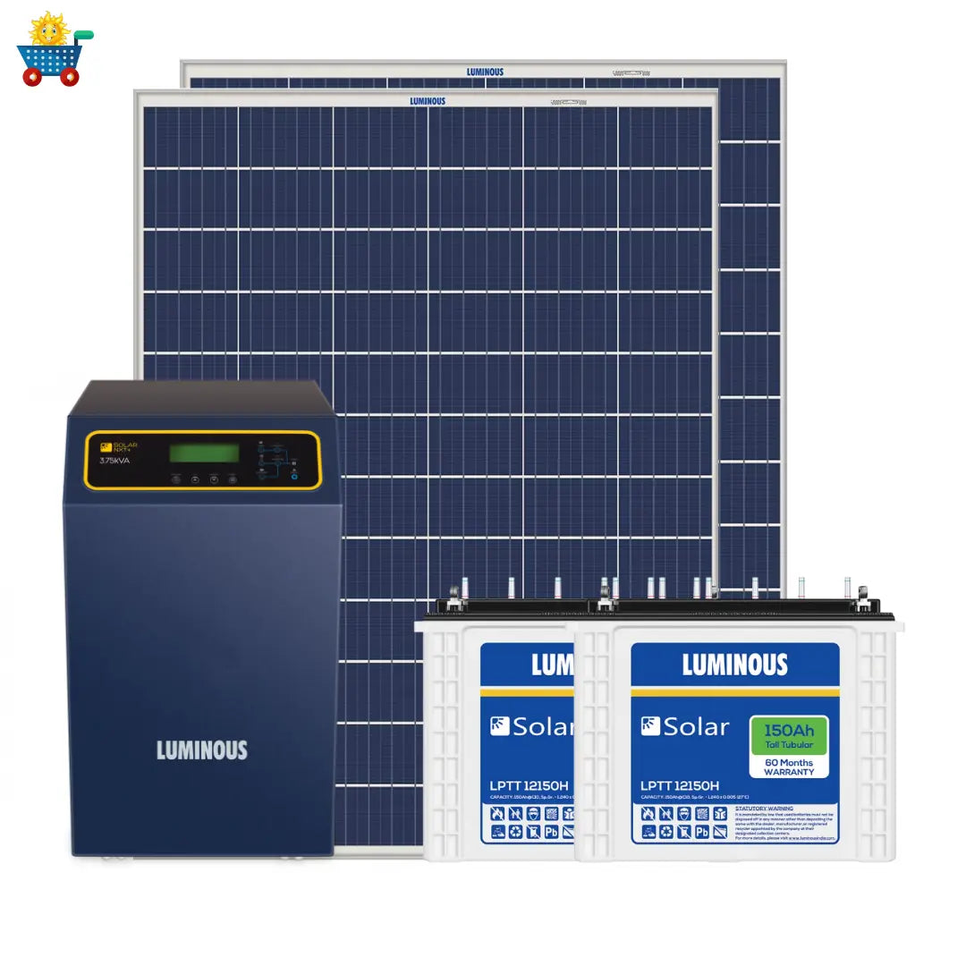 Luminous solar 3 kilowatt, Polycrystalline, solar off-grid system with Luminous off grid PCU 3.75 kVA MPPT Inverter & Luminous 150 Ah solar C-10 batteries (4 Nos)- Combo Kit Luminous Solar