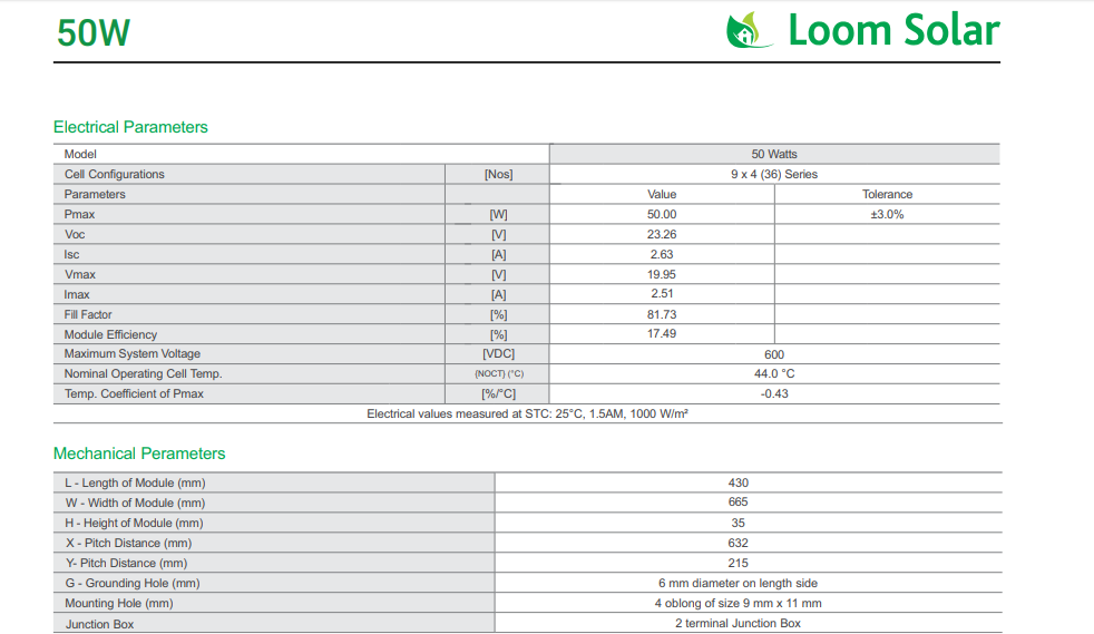 Loom Solar 50 Watt - 12 Volts Mono Crystalline Solar Panel - Apollo Universe