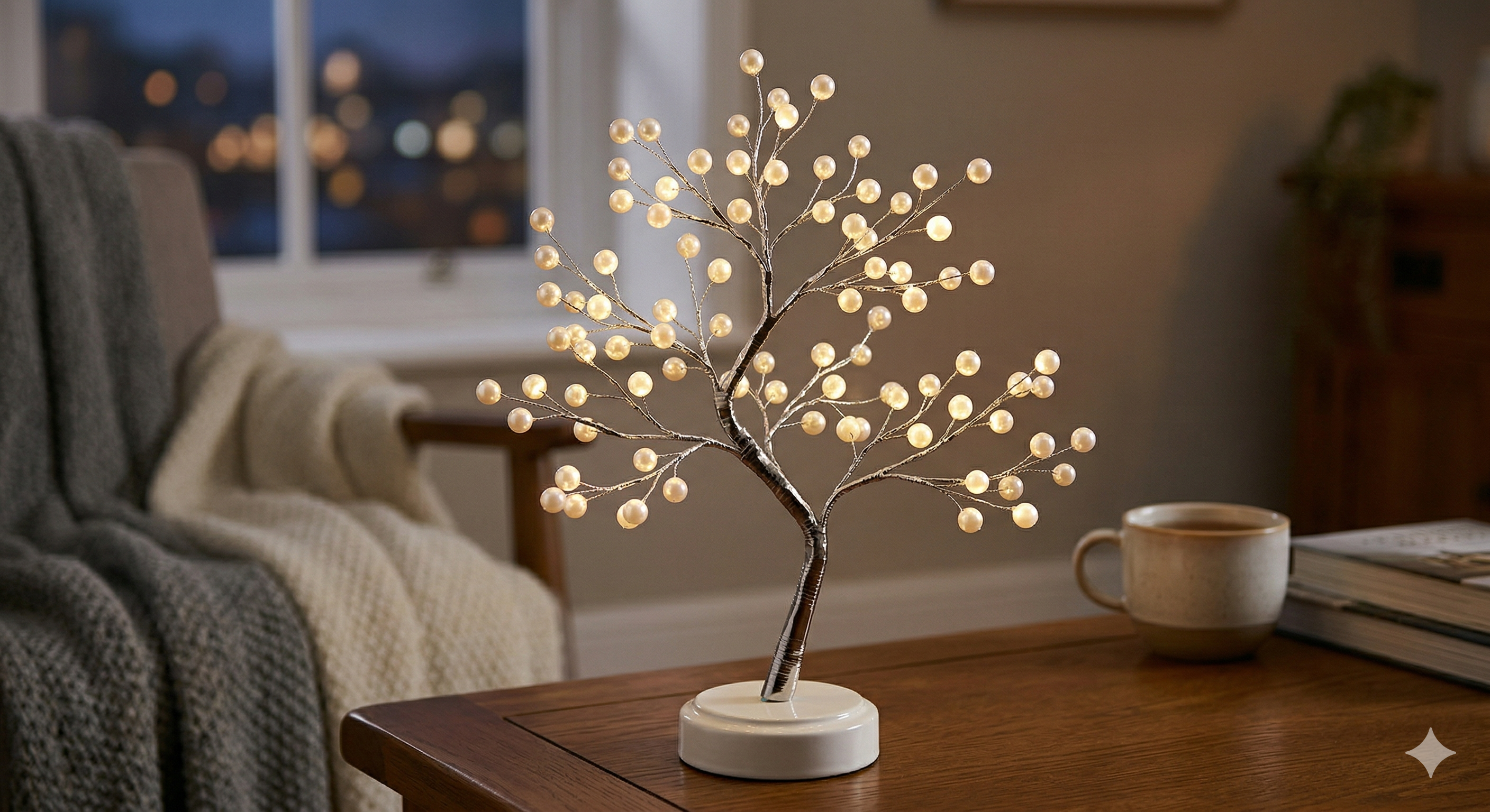 "Glowing pearl-shaped LED bonsai tree light on a wooden table for warm home decor."