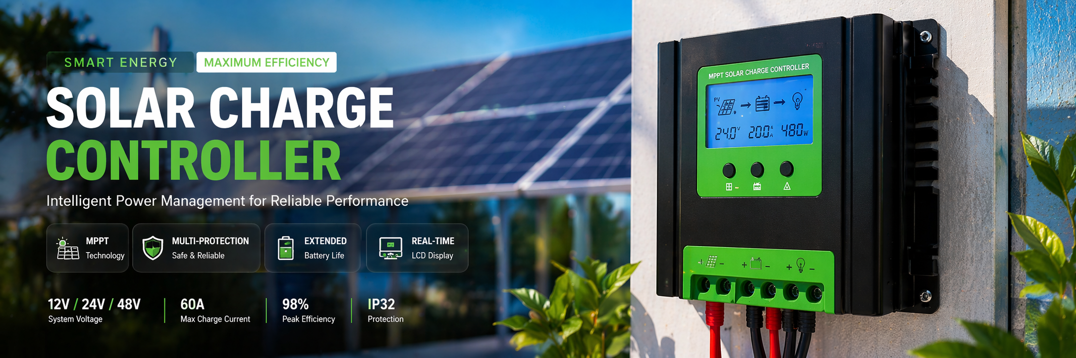 Solar Charge Controller MPPT with LCD display for 12V 24V 48V & 20 Amps solar systems with battery charging and protection features