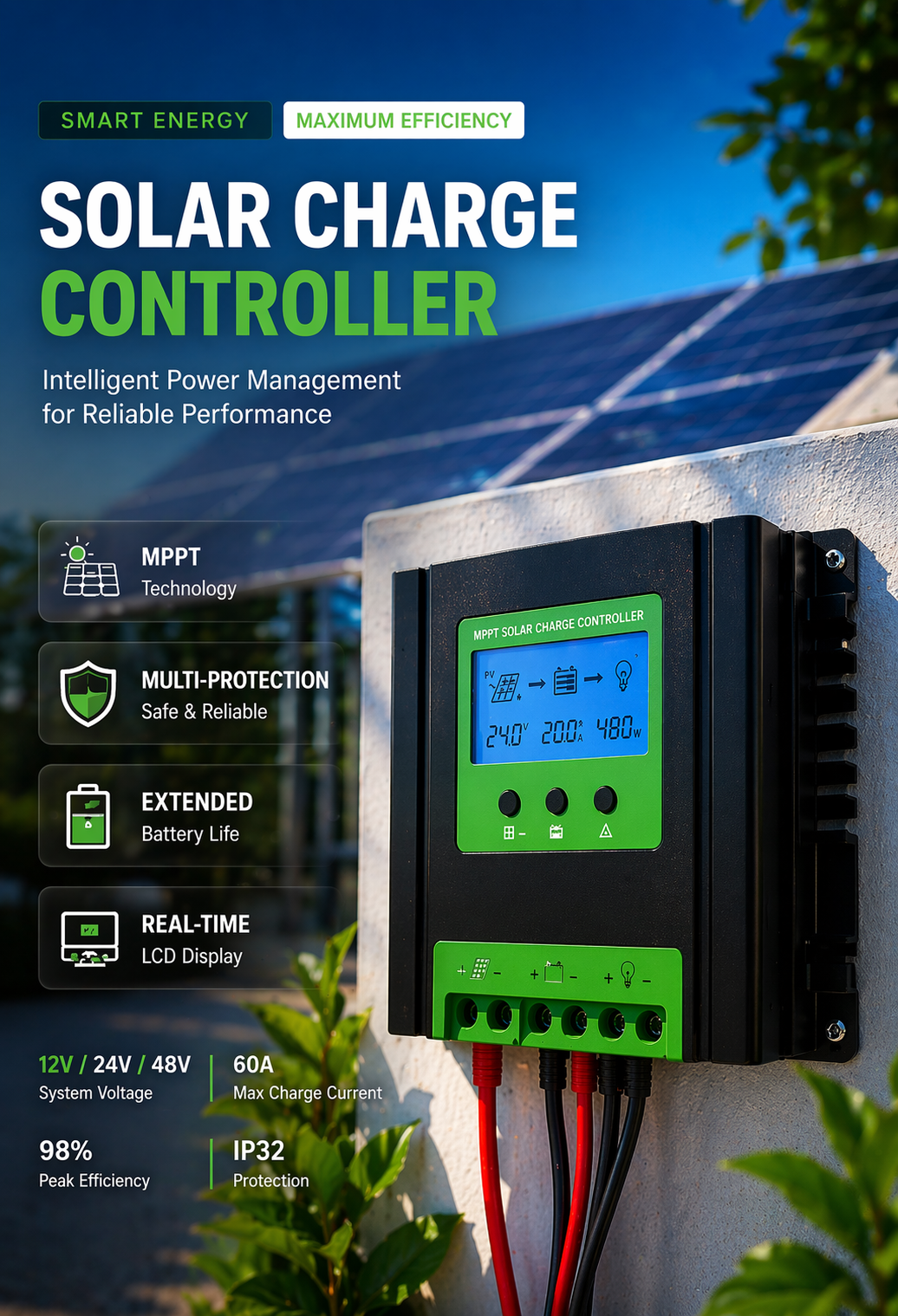 Solar Charge Controller MPPT with LCD display for 12V 24V 48V & 20 Amps solar systems with battery charging and protection features