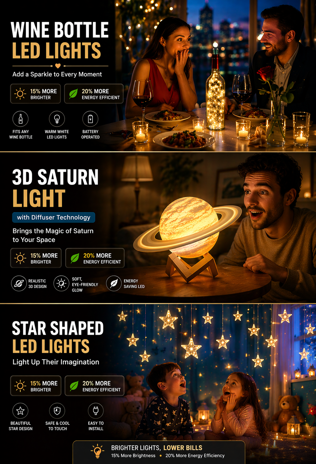 wine bottle LED lights, 3D Saturn lamp and star shaped LED lights for home decoration with energy efficient bright lighting