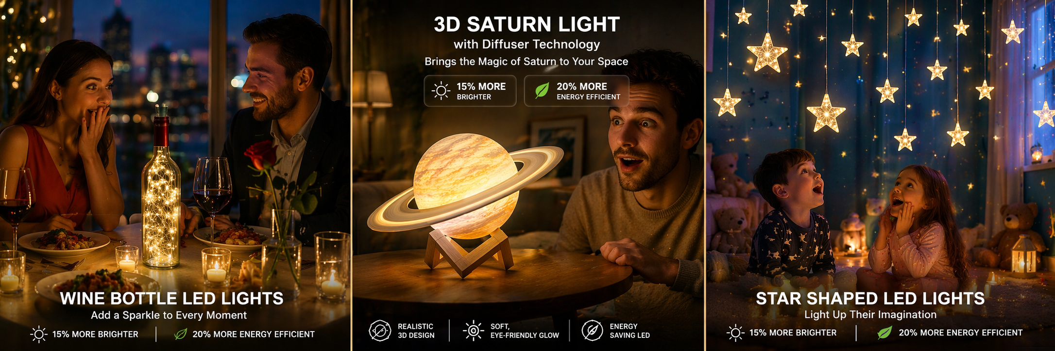 wine bottle LED lights, 3D Saturn lamp and star shaped LED lights for home decoration with energy efficient bright lighting