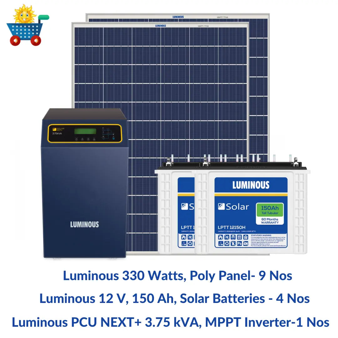 Luminous solar 3 kilowatt, Polycrystalline, solar off-grid system with Luminous off grid PCU 3.75 kVA MPPT Inverter & Luminous 150 Ah solar C-10 batteries (4 Nos)- Combo Kit Luminous Solar