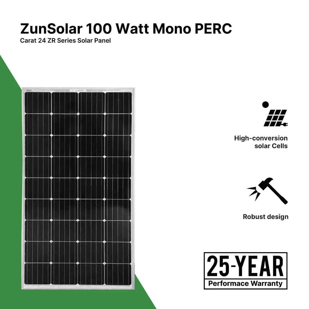 ZunSolar Carat 24 ZR 100 Watt Mono-Crystalline Solar Panel for solar home light system and small battery charging, Pack of 1 Apollo Universe Services